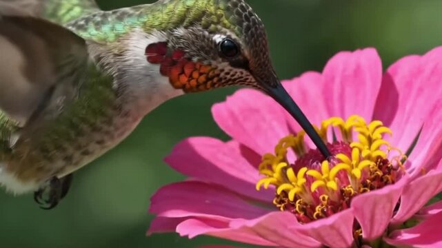 A rubythroated hummingbird hovering in midair approaching a vibrant pink zinnia flower in a garden