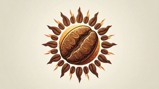 Rich coffee bean shines like a sun. Dark swirls glow against warm, golden tones. Radiant seeds surround the center with charm. Perfect for brand logos, coffee promotions, or artistic prints
