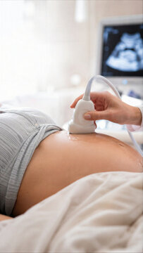 Close-up of a doctor performing an ultrasound scan on a pregnant woman's belly in a clinic, with a sonogram monitor blurred in the background