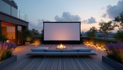Obraz premium Rooftop terrace with outdoor cinema, sofa, plants, and fire pit. City skyline at dusk. Modern urban entertainment space. Peaceful evening relaxation.