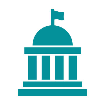 Simple government building icon featuring a dome roof, columns, and a flag.
Flat turquoise design with high visibility and clean geometric shapes.