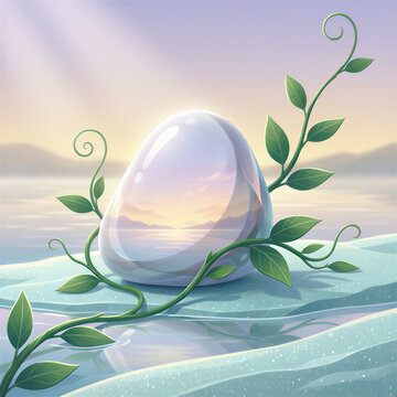 A polished white stone stands steadfast on a subtle teal riverbed, embraced by gentle emerald vines under a pastel sunrise, symbolizing sure-footed kindness in a clean, minimalist composition.