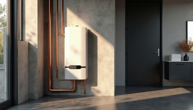 Modern white wall mounted gas boiler with copper pipes. Interior of utility room or bathroom with gray walls and tiled floor. Contemporary home heating system equipment with sunlight.