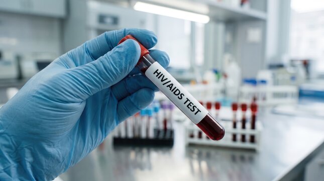 Medical professional in blue nitrile gloves holds a blood sample tube labeled for hiv aids testing in a modern clinical laboratory environment with blurred equipment