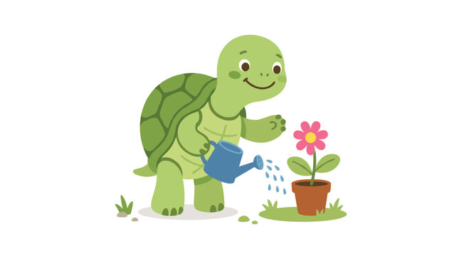 A charming green turtle waters a flower while a joyful tortoise smiles and balances on its hind legs, creating a playful animal character in a bright flat vector illustration set against a white