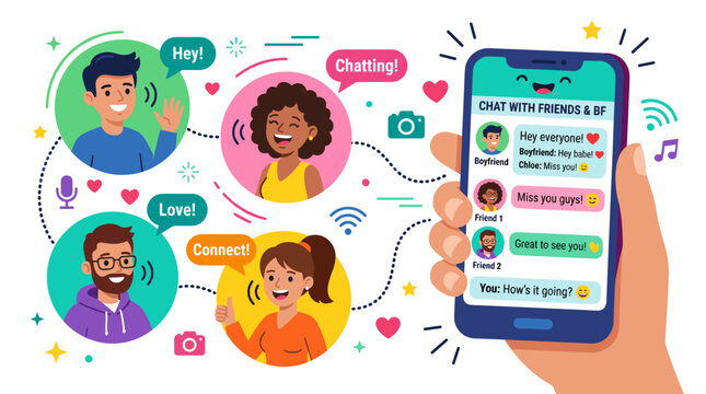 An online conversation concept illustrated with a hand holding a smartphone, chatting with friends and a boyfriend, in a colorful flat style