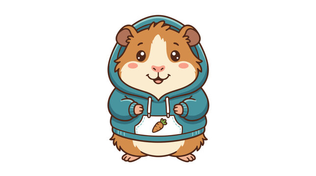 A guinea pig wearing a hoodie, a cute cavy with soft fur, a funny kawaii rodent pet, adorable in clothes, comic kids style, cuddly character, flat vector illustration on a white background
