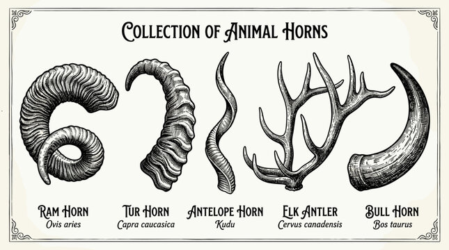 A set of animal horns&mdash;including ram, mountain goat, antelope, elk, and bull&mdash;depicted on a white background, rendered as a monochrome hand‑drawn vector illustration in a refined vintage engraving