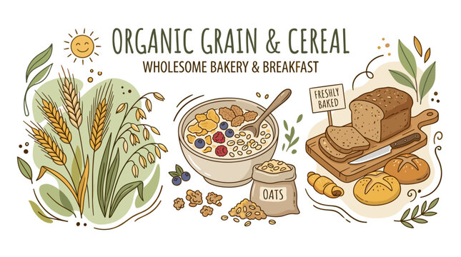 Design of an organic cereal product banner featuring a promotional background for wholesome grain foods, a bread and bakery template with kernel crops and flakes, rendered as a hand‑drawn vector