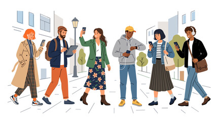 Fototapeta premium A stylish group of people with gadgets on the street, sketching a fashion collection in vector illustration