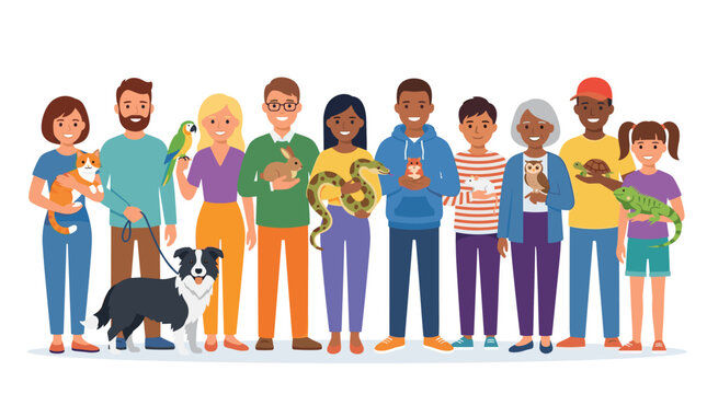 Individuals caring for adorable pets such as cats, dogs, parrots, rabbits, and boas. Joyful animal enthusiasts gather with hamsters, rats, owls, turtles, and exotic iguanas in their hands. A flat