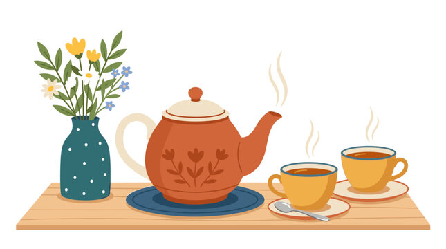 A composition featuring tea cups, a kettle, and a vase, depicting a teakettle and teacups filled with a hot, warm drink&mdash;the classic morning brew&mdash;illustrated as a flat vector on a white background