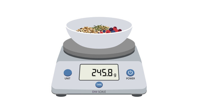 Digital kitchen scales: electronic weighing device for measuring milligrams and ounces of food, featuring a bowl and display, presented as a flat vector illustration on a white background