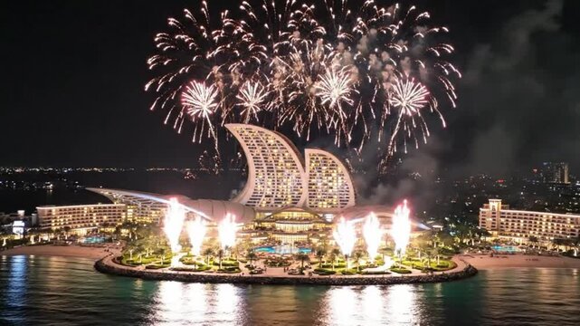 Aerial view of the luxury jumeirah marsa al arab hotel in dubai at night with spectacular fireworks display over the resort and ocean