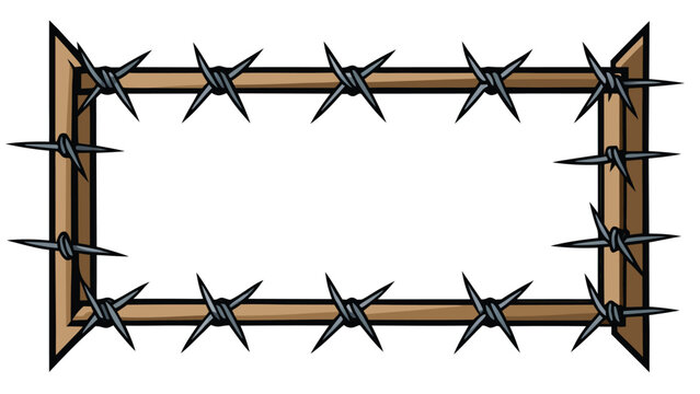 Rectangular wooden frame wrapped with sharp barbed wire isolated on a white background for conceptual security and danger themes