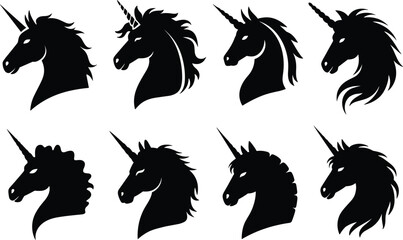 Unicorn Silhouette Collection: A stylized set of eight black silhouettes showcasing the majestic profile of unicorns with flowing manes and iconic horns, representing fantasy and mythical creatures. © Basu Official 
