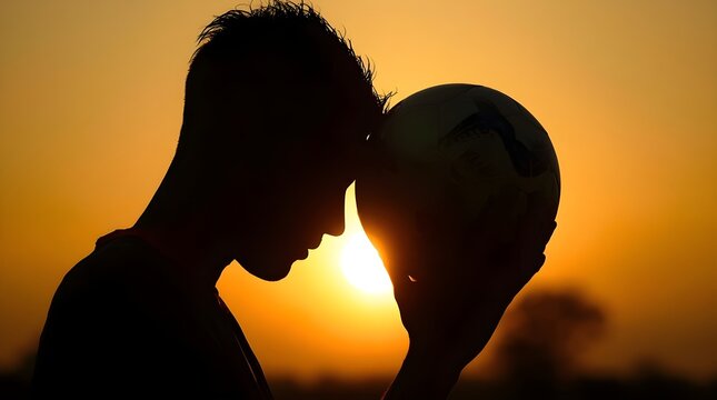 Close-up profile silhouette of a soccer player holding a football against his forehead in focus or prayer before a match at golden hour sunset.