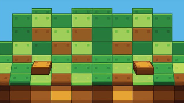 Pixel art landscape background featuring green grass blocks and brown earth terrain for a 2D side-scrolling video game level design