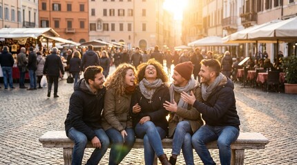 A group of friends chatting and laughing in a busy square during sunset.