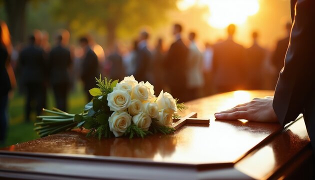 A funeral procession with a casket adorned with white roses and a wooden cross. Mourners gather at sunset for a solemn burial service. A hand rests gently on the polished coffin lid.