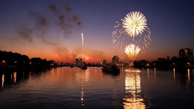 Fireworks explode over a river, with city lights and boats at dusk