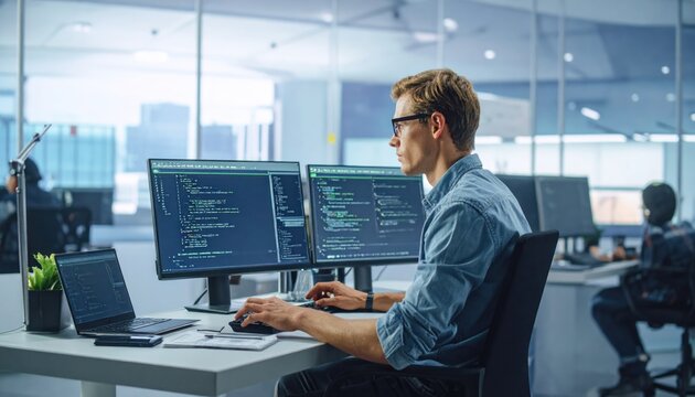 Programmer working on dual monitors in modern office, coding software development