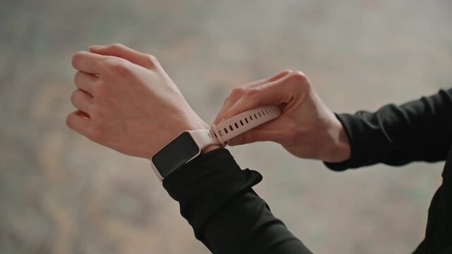 Hands removing smartwatch after home workout, soft carpeted floor, careful strap release and inspection, gentle cooldown mood, focus on wrist and band, wearable maintenance and recovery