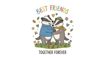 Fototapeta premium Colorful hand‑drawn illustration of a badger couple on a best friends card