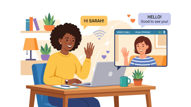 A group of friends converse via an online video call, with a joyful woman greeting her girlfriend on a laptop screen, illustrating how people connect over the internet in a virtual communication