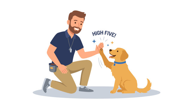 A man high-fives a dog while a canine trainer demonstrates a hand and paw gesture, and the owner, a cynologist, trains a smart, obedient puppy in a flat vector illustration set against a white