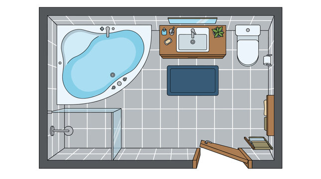 An overhead view of a bathroom, detailing the interior layout from above: a corner bathtub, hot tub, sink, toilet, and mat, plus a home WC, toilet, closet, and latrine, rendered as a flat vector