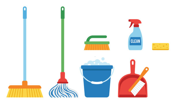 Plastic household tools like brooms, mops, buckets, scoops, and brushes are used for cleaning, while the illustration shows these items in a colored flat vector style on a white background