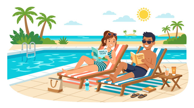 A cheerful young couple lounges on sunbeds, sunbathing and perusing books and magazines next to an outdoor pool at a tropical resort, depicted in flat cartoon vector style