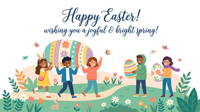 Easter postcard design featuring a handwritten wish in cursive calligraphic lettering, accompanied by charming characters holding large, decorated eggs, rendered as a flat illustration for a spring