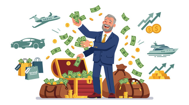 Concept of wealth and abundance. A joyful affluent individual splurging and squandering money. A millionaire with abundant cash who spends excessively. Financial success. A flat vector graphic set