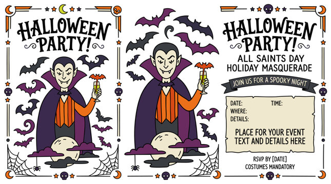 Halloween party invitation poster template with a text placeholder, featuring a creepy All Saints Day masquerade flyer design, hand‑drawn vector illustration of a bat and vampire
