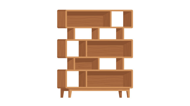 A wooden storage unit featuring open modular shelves, designed as a modern retro tiered bookcase for home interiors, depicted in a flat vector illustration on a white background