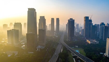 Obraz premium Sunrise Over a Modern Cityscape with Skyscrapers and Highway