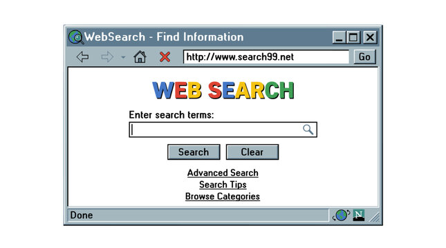 A retro dialog window for web search, featuring a browser bar and message box reminiscent of surfing the internet in the 90s and 2000s, presented as a flat vector illustration of a computer UI