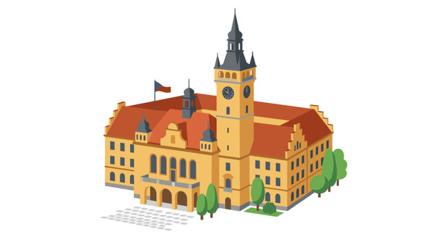 The old city hall in Ostrava, featuring a clock tower and belfries, is a renowned Czech landmark depicted as a colored flat vector illustration of European architecture on a white background