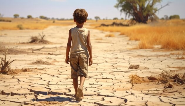 Young boy walking on cracked dry earth in arid landscape, drought concept