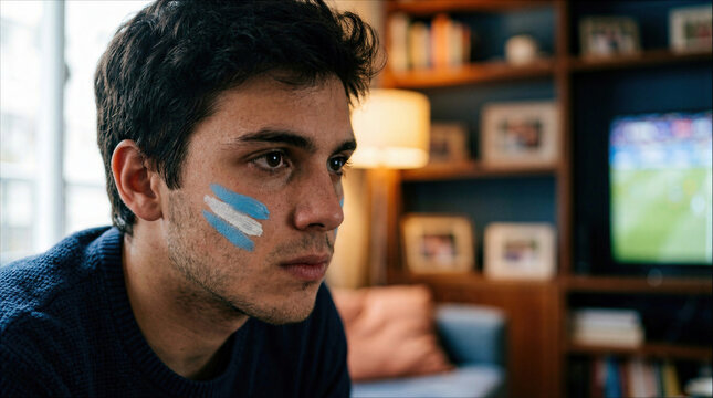 Tense young Argentina soccer fan with flag face paint watching a crucial football match on TV at home.