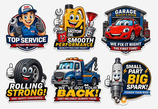Cartoon Auto Service Mascot Sticker Set