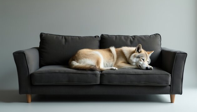 Light colored wolf-like dog rests on dark gray sofa. Animal slepic peacefully indoors on couch. Comfortable domestic pet relaxing at home on furniture.