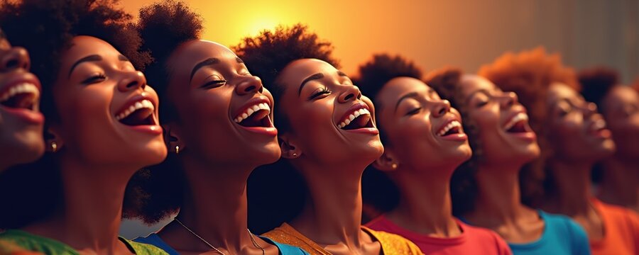 Group of Black women sing joyfully together outdoors. Their heads are tilted back with eyes closed in apparent harmony and happiness. Sun shines brightly behind them.