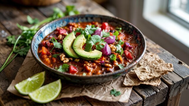 Chili con carne thick meat stew is a famous cult dish of Texan-Mexican cuisine.