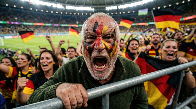 Passionate senior German football fan with face paint screaming in excitement at a stadium during a soccer match celebration with a crowd of supporters