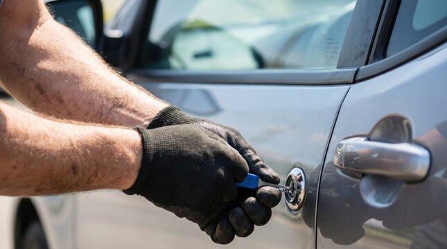 Locksmith wearing gloves using a lock picking tool to open a silver car door