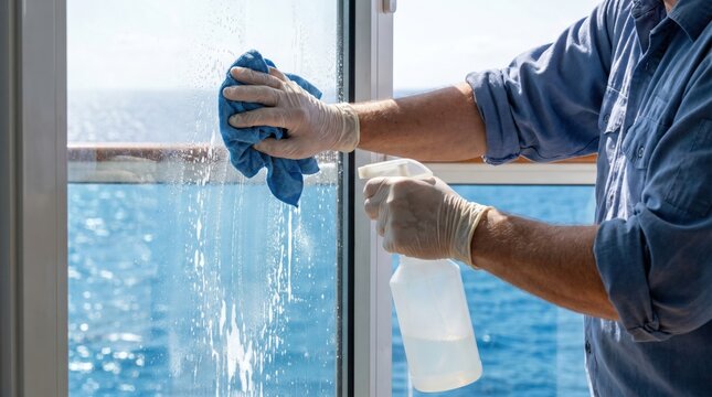 Cabin steward wearing gloves using a spray bottle and microfiber cloth to clean a ship balcony window