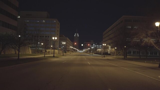 Lansing Michigan Night Avenue Looking Toward State Capitol Building Dome Urban Downtown City Street Lights